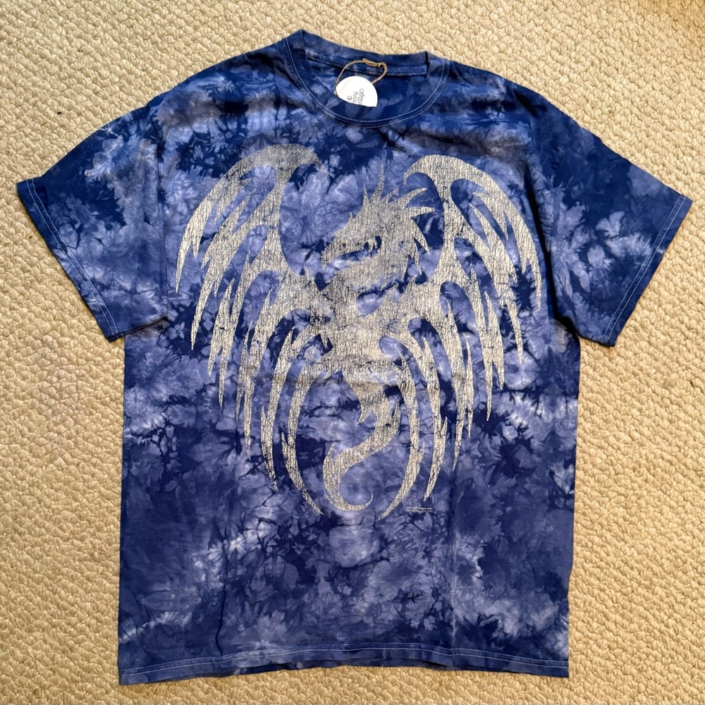 Men’s Affliction Style Blue Tie-Dye T-Shirt with Silver Dragon Design